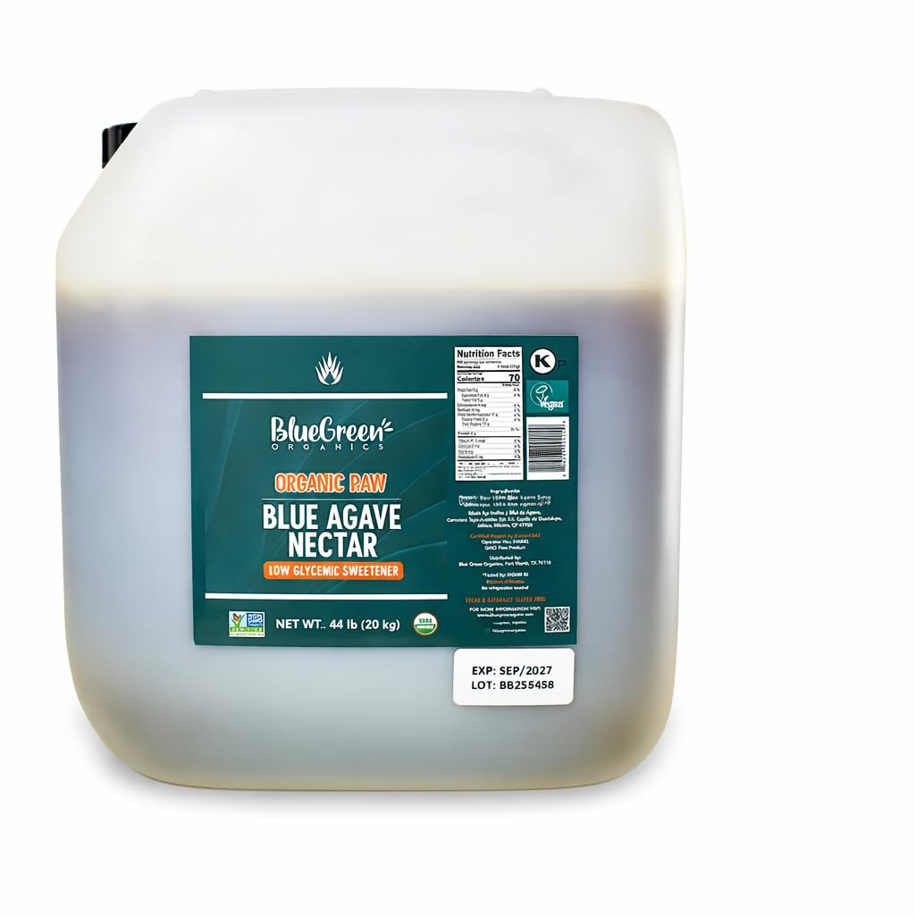 BLUE GREEN ORGANICS, Agave syrup, Agave, Gluten Free, Organic, Sweetener, cakes, coffees, pancakes or any baked good, For restaurants, Sugar substitute Raw, 44 lb, 4 gallon