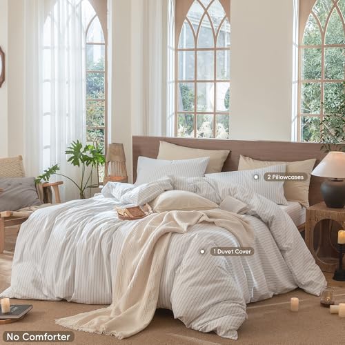 Image of MooMee Striped Duvet Cover Set 100% Washed Cotton Linen Like Alaska King | Relaxed Linen-like Texture. Soft, Breathable & Long-lasting Comfort. Lightweight. Hidden Zipper with 8 Interior Corner Ties