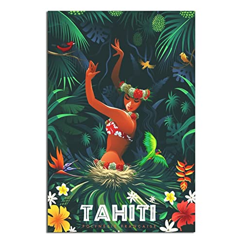 YONGCAI Poster de voyage vintage Tahiti Girl Polynésie française sur toile Décoration murale pour chambre
