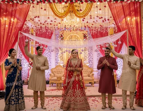 Image of Divyakosh Dulhan /Bridal Entry Sequins Chaddar | Handmade Net with PinkRose Garland Canopy | 2 Meter, Dulhan Entry Chunri with Golden Border Lace, Indian Wedding /Shaadi /Marriage Decoration