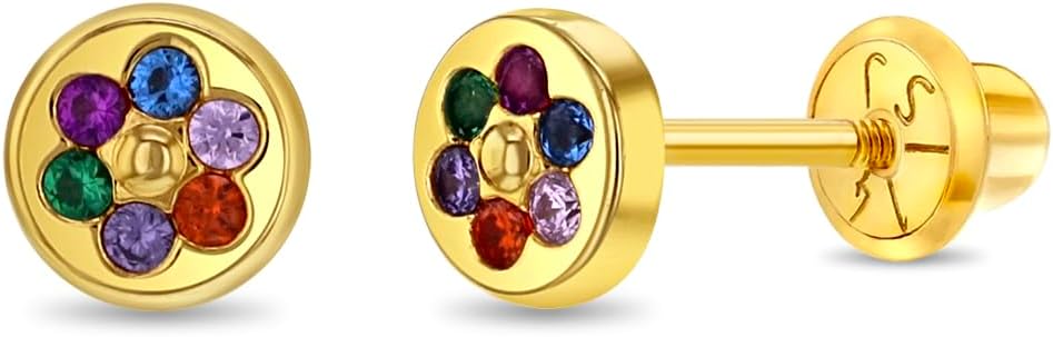 14k Yellow Gold Round Screw Back Earrings With Multicolored Cubic Zirconia Flower - Extra Small CZ Studs For Toddler Girls - Colorful Cubic Zirconia Jewelry For Kids