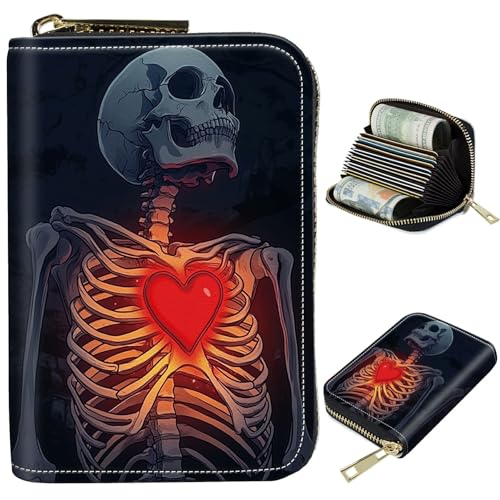 Image of Cute Credit Card Holder with Zipper, Skull Heart RFID-Blocking Card Case Small Wallet for Women Men, Multi-slot Card Organizer Case Travel Accordion Wallet