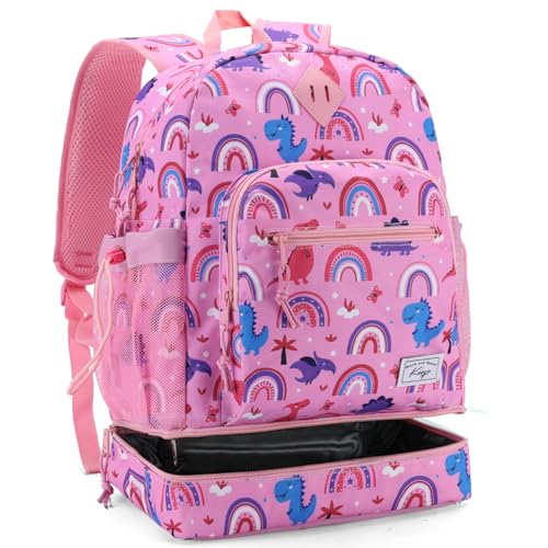 Kasqo Kids Backpack Lunch Bag Set,2-in-1 Insulated Lunch Backpack for Toddler Boys Girls Bookbag Schoolbag for Preschool Elementary Kindergarten,Pink Dinosaur