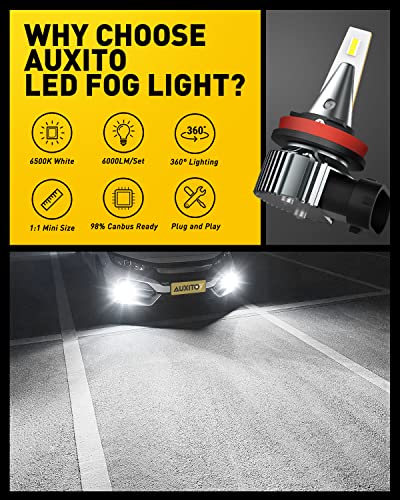 Auxito H8 H11 H16 Led Fog Light Bulb Fanless, 6500K Cool White, 400% Brightness Csp Chips, Long Lifespan, Plug And Play, H11 Halogen Replacement Fog Lights Drl Bulbs For Vehicle, Pack Of 2 #TOP6