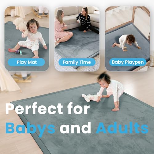Image of 1.3 inch Thick Baby Floor Play Mat, 59x79 Padded Foam Tummy Time Crawling Mat, Non-Slip Water-Repellent Soft Plush Nursey Area Rug for Playroom Bedroom Living Room (Dark Gery)