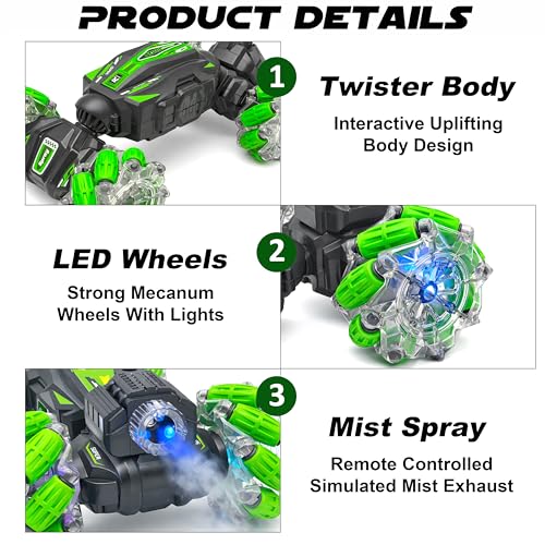 Image of VGRASSP Dual Control Twisting Drift Stunt Mist Car Toy for Kids with Remote Control and Gesture Wrist Controller - Rechargeable 360 Rotating Smoke RC Car Toy with LED Lights, Sound Effects - Green