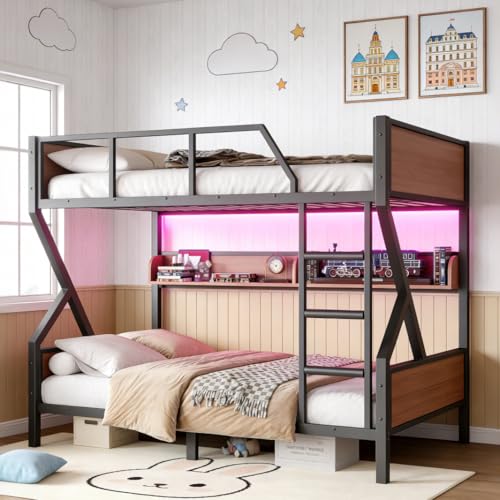 Bellemave Bunk Bed Full Over Full with LED, Heavy Duty Metal Bunk BedFrame with Storage Shelves and Lights, Woodgrain+Black by Bellemave - Used condition - US$301.39