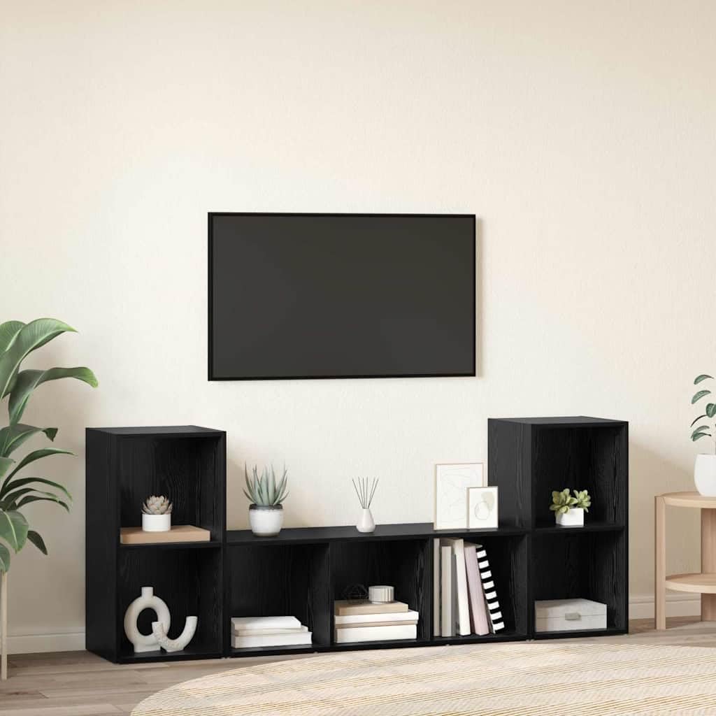 TV-Schrankset Wandmontiert 3-teilig, Schwarz Holzwerkstoff, Modernes Media-Center für Wohnzimmer und Schlafzimmer, Elegante Schwebende TV-Konsole mit Stauraum
