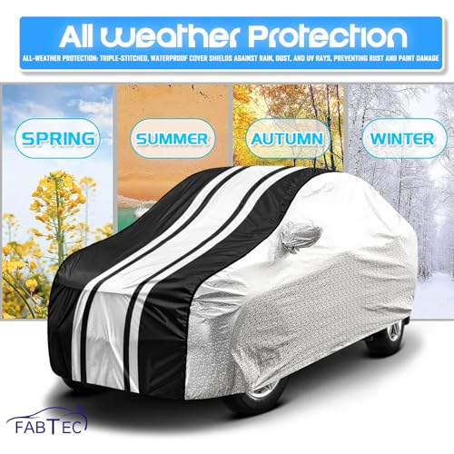 Image of FABTEC Car Body Cover for Maruti Alto 800 Waterproof UV & Rain Protection Metallic Silver with Black Stripes Car Cover with Mirror Pocket Bottom Elastic Full Size Car Cover