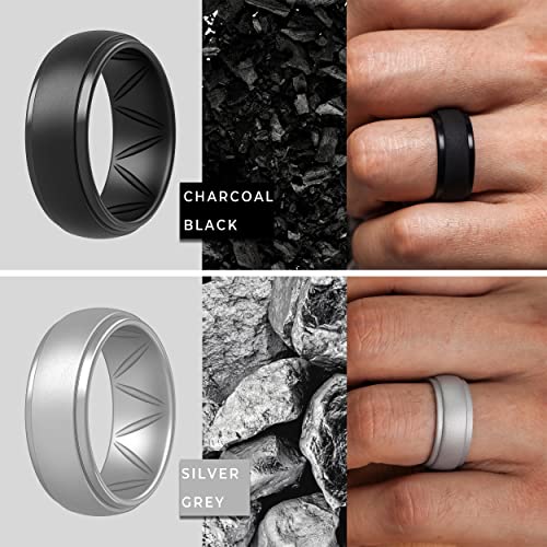 ThunderFit Silicone Wedding Rings for Men, Breathable Step Edge Rubber Engagement Bands 10mm Wide 2.5mm Thick - 1/2/3/4/5/6/7 Variety Multipack3