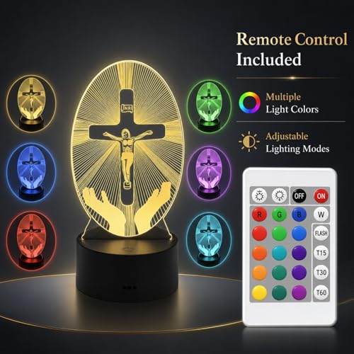 LJYIDAMY 3D Jesus Cross Night Light, Christian LED Illusion Lamp with Remote, USB Powered Religious Cross Lamp for Bedroom Prayer Room Decor, Christmas Christian Gifts for Men Women — view 5