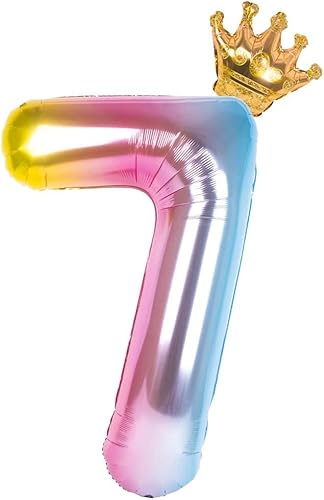 Globo con el número 7 de 40 pulgadas, degradado arcoíris con corona desmontable, fácil de inflar y desinflar reutilizable, globos de Mylar de