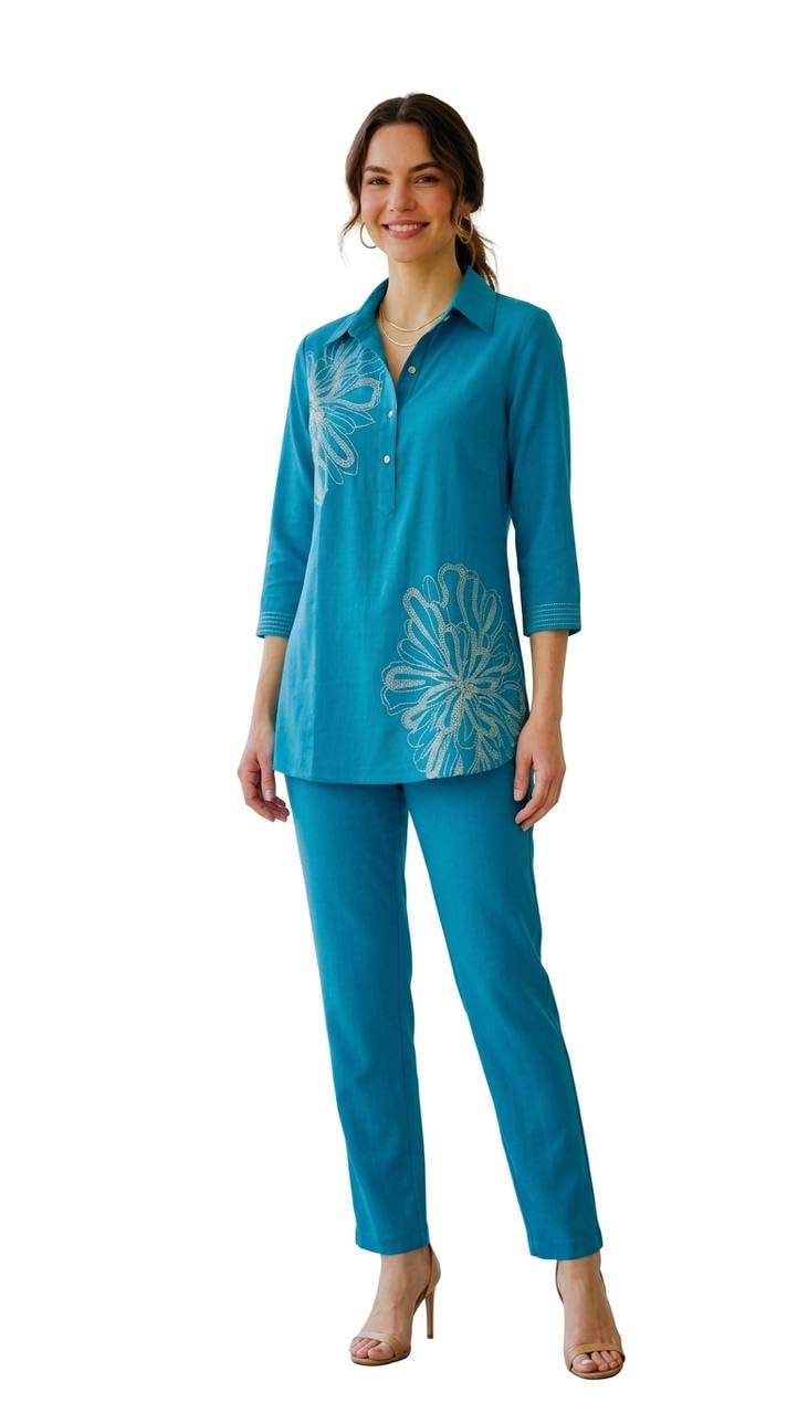 beeleepatra Women's Teal Floral Embroidered Tunic and Slim Pant Co-ord Set, 3/4 Sleeve, Collar Neck-picture-35