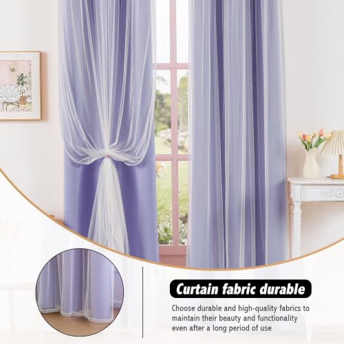 Image of Anytime Double Layer Blackout Curtains 2 Panels,35Wx84L,Lavender | Sheer And Fabric Window Drapes Grommet Top Solid Color Bedroom Living Room Home Decor
