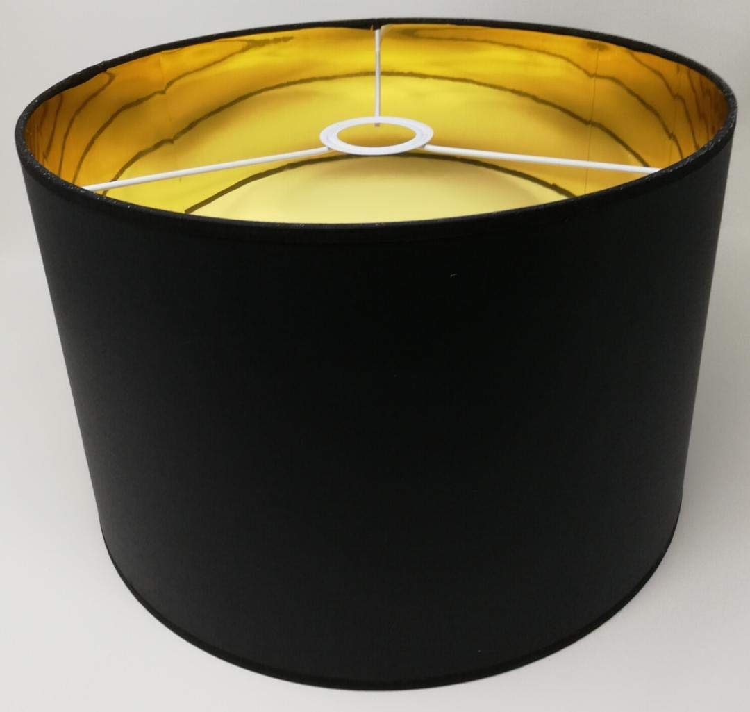 Pantalla Cilíndrica de tela negra con interior dorado, Hecha a mano, para lámpara de mesa, lámpara de techo, lámpara de pie (35 cm Diámetro, 23 cm Altura)