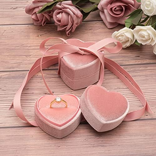 Small Premium Velvet Heart Ring Box Case for Wedding Ceremony Engagement Proposal (Pink)