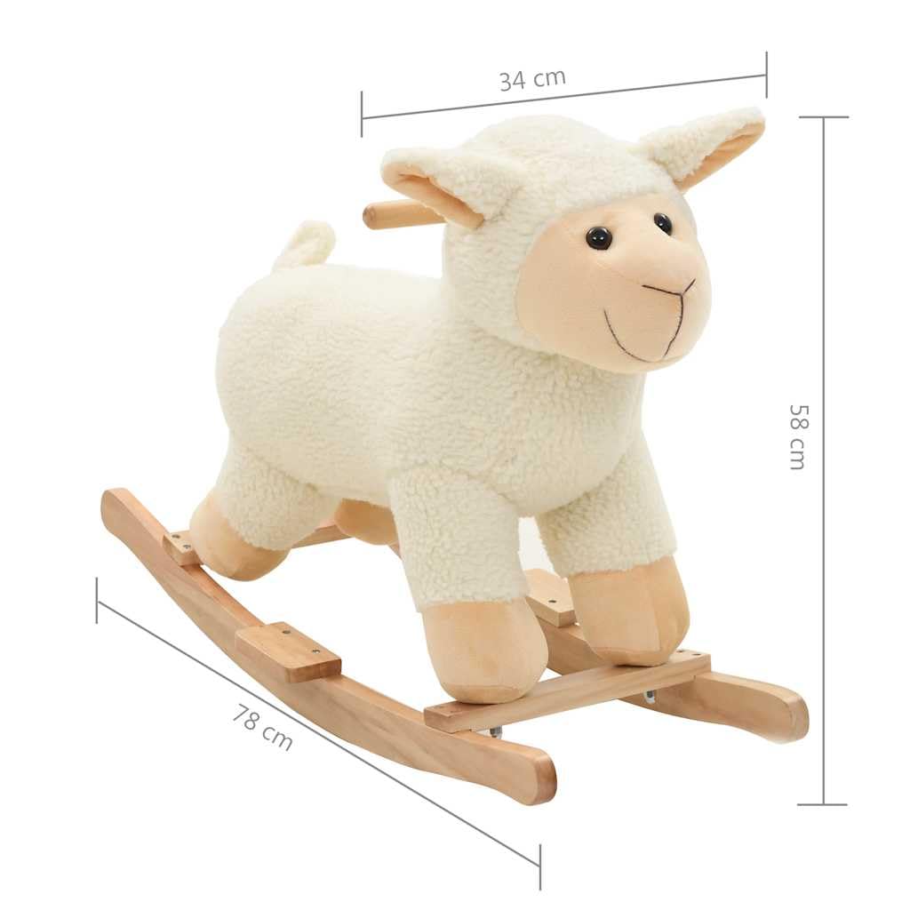 Schaukeltier Schaf aus Plüsch mit Holzsockel und Metallrahmen 78x34x58 cm Weiß für Kinder ab 24 Monaten, Schaukelpferd Reittier mit Griff und Lehne