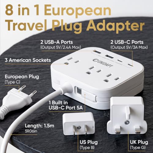 Image of UK European Plug Adapter, Unidapt US to Europe Power Strip for EU /UK /US with Built in USB C Cord and 4 USB Ports, 3 AC Outlets, Wall Mountable, 5ft Extension Cord, for Travel Cruise Ship Home