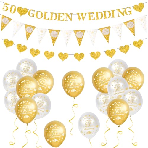 HZHSGLY 50th Wedding Anniversary Decorations Golden Wedding Anniversary Decorations Including White and Gold Balloon Heart Shaped Banners and Colorful Flags for 50th Party Decorations (Golden)