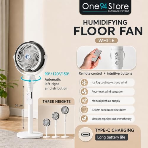 Image of One94Store Humidification Floor Fan, Portable USB & Battery Operated Rechargeable Mist Fan with Smart Remote Control, 4000mAh Battery, 4 Speed Modes, 150 Swing, Up to 2H Runtime White