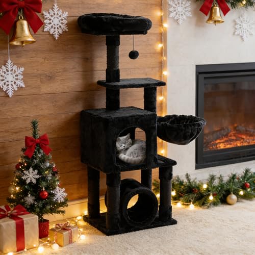 GOXIFACHOY Cat Tree Cat Tower for Indoor Cats 49-Inch Corner Cat Condo with Scratching Post Tunnel Basket Plush Perch Gothic Kitten Tree for Climbing Exercise Hidden Black