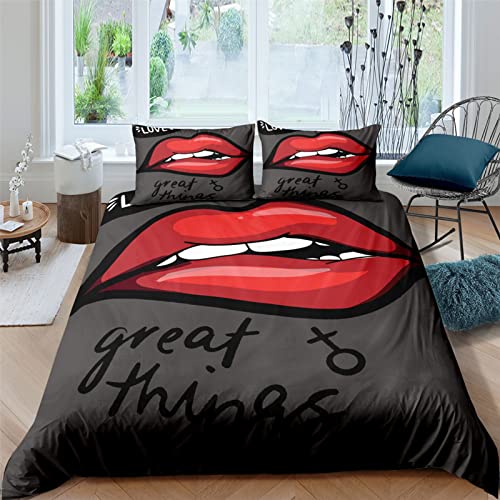 Ropa De Cama De Microfibra 3 Piezas 220X240 Cm Mujer con Labios Rojos, Funda Nórdica Suave Y Transpirable, con Cremallera Y 2 Funda De Almohada De para Verano E Invierno Cómodo Fácil De Limpiar
