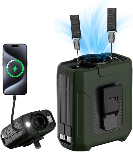 DOMYLE Portable Waist Fan, Built-in Cable 10000mAh Rechargeable, Wearable Personal Shirt Fan, 5-Speeds 16000RPM Strong Airflow, 35H Cooling with Light, Neck Fan Hands-Free for Outdoor Jobsite Camping