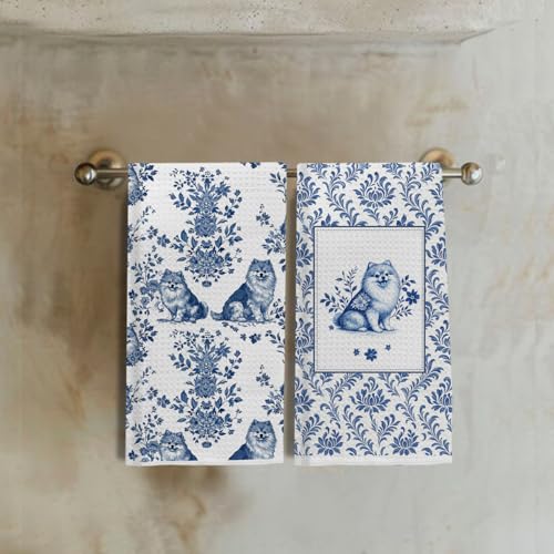 Image of Chinoiserie Pomeranian Kitchen Towels Set of 2, Blue and White Dog Dish & Tea Towels for Kitchen Bathroom Decor, Vintage Pomeranian Hand Towel for Farmhouse Decor,16x24 Inch