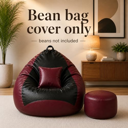 Image of Mansu-Premium Leatherette 4XL Bean Bag Cover with Footrest & Cushion (Without Beans) (4XL) (Maroon Black)