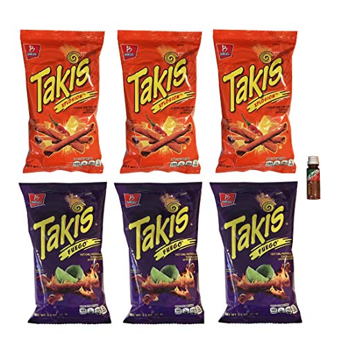 Takis Fuego and Takis Xplosion Tortilla Chips 3.2 oz - 3 of Each Flavor with Free Mini Tajin Clasico Seasoning (6 Pack)