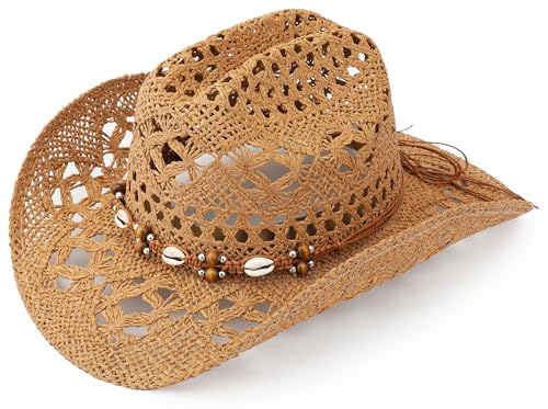 Melesh Straw Cowboy Hat Western Cowgirl Hat Wide Brim Sun Beach Hat for Men and Women (US Alpha One Size Khaki-M26)