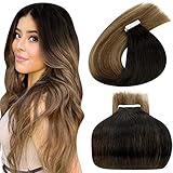 LaaVoo 14 Zoll/35cm Tape in Extensions Echthaar Schwarz Ombre Braun Balayage Karamellblond Remi Tape on Haarverlängerung Naturlich Glatt Seamless Tape in Hair Extensions 50GR/20PC