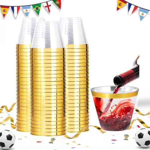I00000 200 Pack Gold Plastic Cups, 9 Oz Elegant Clear Plastic Cups Gold Rimmed Disposable Wine...