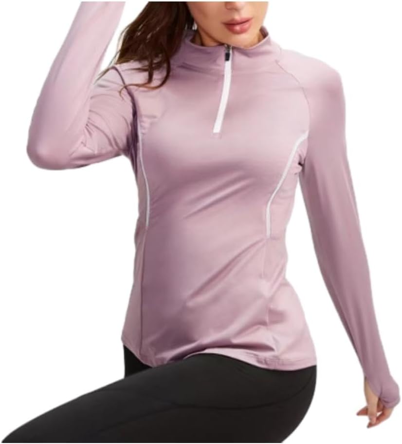 Women’S Long Sleeve Half-Zip Pullover,Fall Winter High Collar Yoga Running Shirt,Lightweight Athletic Workout Top