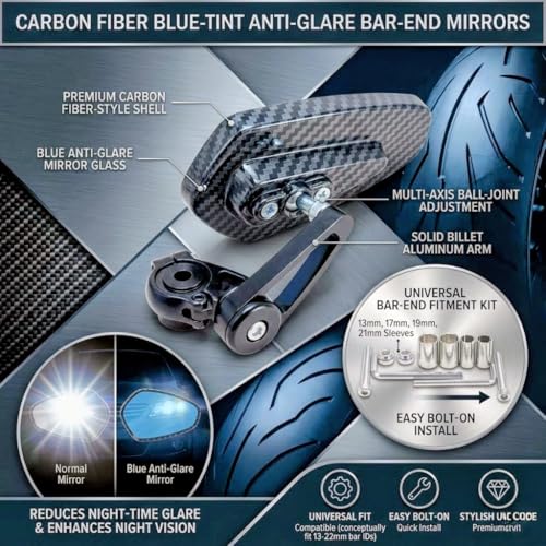 Image of Universal Motorcycle Bar End Rear View Mirror Set of 2, Blue Anti Glare Side Mirrors with Carbon Fiber Look Housing, Adjustable Foldable Bike Mirror for Motorcycle and Sports Bike