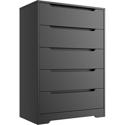 Cozy Castle 5 Drawer Storage Cabinet Modern Chest of Drawers Large Dresser for Closet Tall Wood Accent Organizer for Living Room Bedroom Home Office Entryway, Handleless Black