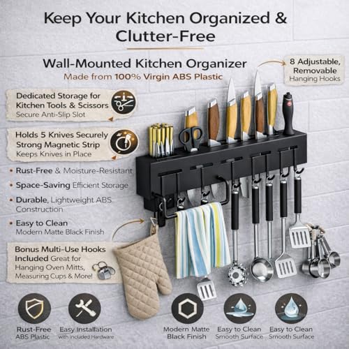 Image of Clazkit Kitchen Shelf Wall Mount Knife Holder,Towel Hanger, Spatula Ladle Hanging Hooks, Cutlery Holder Storage Rack High Grade Plastic Multi-Purpose (44 x 4.5 x 8cm)-Black
