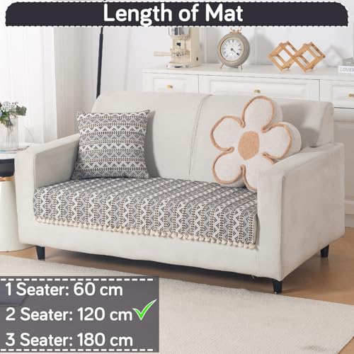 Image of HOKIPO Sofa Cover Mat with Tassel for 2 Seater Sofa | 300 GSM Thick Cotton Acrylic Jacquard Fabric,'Trivana Series' Charcoal Black (IN-934-J6*S)