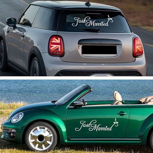 Image of TOMALL Just Married Wedding Vinyl Decal for Car Window Hood Trunk Body Side Wall Waterproof Self-Adhesive DIY Decoration Sticker Happiness for Honeymoon Wedding (White)