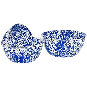 Crow Canyon Enamelware – 3 Piece Mixing Bowl Set – Blue on White Marble
