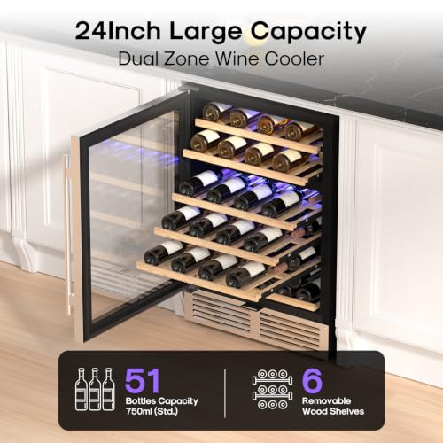 Image of ICEPURE 24 Inch Dual Zone Wine Fridge with 51 Bottle,40-65F Touch Control | Built-In or Freestanding, Under Counter Wine Cooler Refrigerator with Glass Door, Adjustable Shelves for Home Bar Kitchen