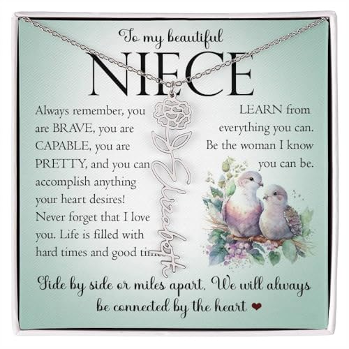 Personalized Niece Gift From Aunt, Birth Flower Name Necklace with Gift Box, Customized Floral Pendant Jewelry Keepsake for Women, Birthday Month Necklace for Christmas Graduation Gift2