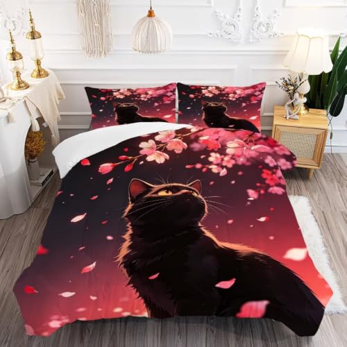 Image of Cat Cherry Blossom Comforter Set Full Size Floral Print Bedding Set | Romantic Red Gradient Sky Sakura Bedding Set for Women Girls, 3 Pieces Soft Washable All Season Bed Set for Bedroom Decor