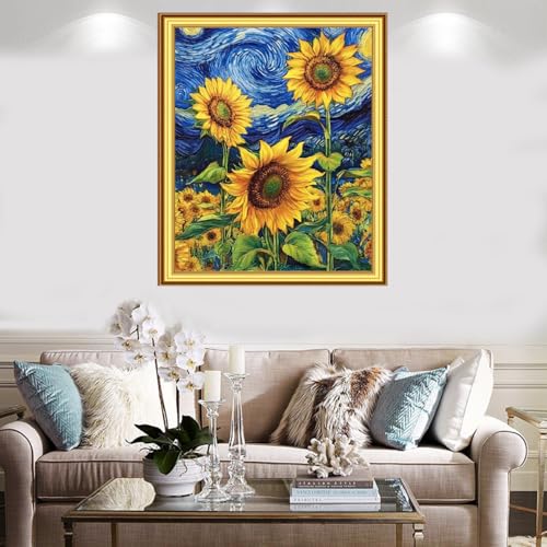 Image of Foxnyart Stamped Cross Stitch Kits Full Range of Embroidery Needlework Starter Kits for Beginners Adults 11CT Embroidery Patterns Art Crafts DIY Needlepoint Kit-Van Gogh Sunflowers 16x20 inchs
