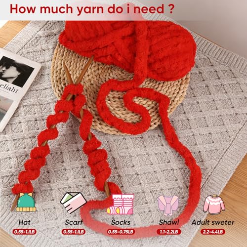 Image of 8 Jumbo Packs Chunky Chenille Yarn for Crocheting, 31.7 yds, 8 oz Each Skein Bulky Thick Fluffy Yarn for Knitting, Super Bulky Chunky Yarn for Hand Knitting Blanket, Soft Plush - Red