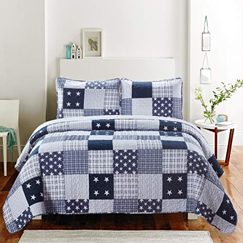 Slpr Americana Pride 3-Piece Queen Comforter Set (Summer Quilt Queen Size And 2 Shams): Lightweight Patriotic Bedding, White And Blue Quilt Bedding With Stars - Comforter Sets For Queen Bed #TOP21