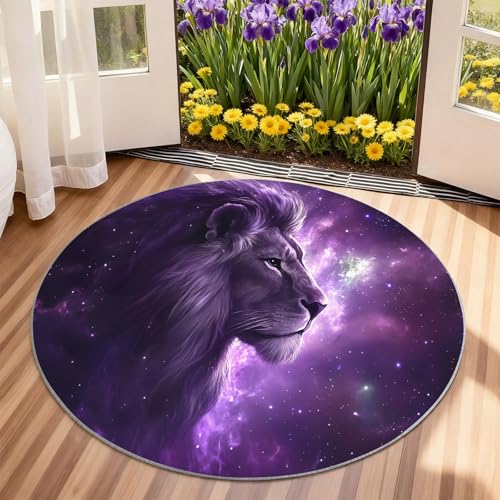 XUWEISI Galaxy Lion Round 4ft Washable Rug, Purple Starry Sky Circle Rugs