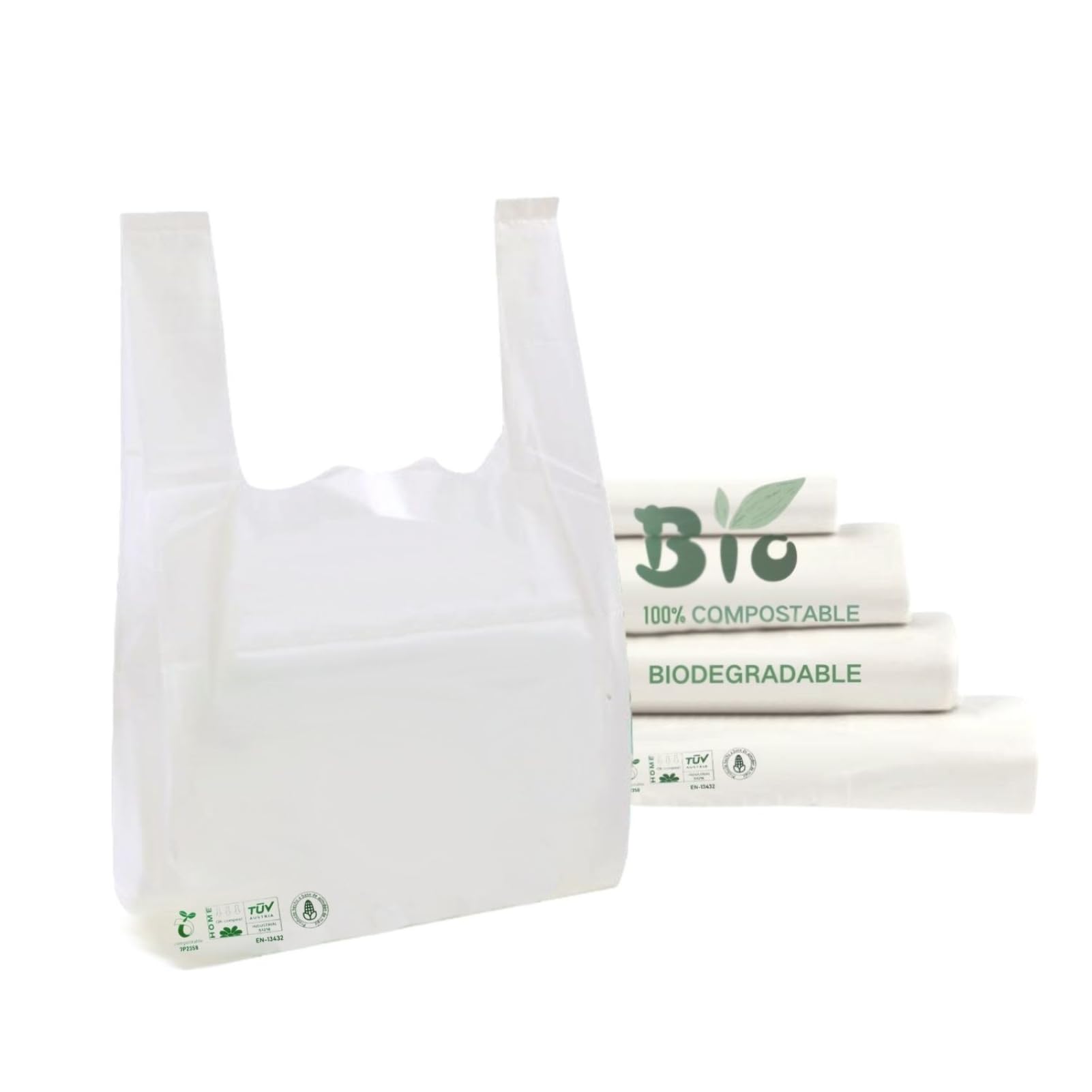 1000uds. Bolsas Camiseta 100% BIO 100 Bolsas,Bolsas Supermercado con Asas,100% Bolsas Compostables Reutilizables y Seguro para Alimento,Bolsas SIN Plastico PREMIUM Resistente y Sostenible