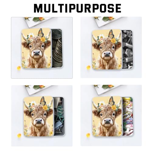 Image of Metal Tin Box with Lid,Multi-functional Storage Box Can Store Tea Biscuits Game Cards, Playing & Tarot Cards-Comes with 4 Magnetic Cord Clips,Cute Cow Butterfly