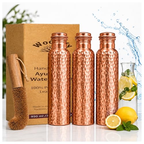 Image of 100% Pure Copper Water bottle 32 Oz with Cleaning brush, Hammered Design | Drink More Water, Lower Your Sugar Intake And Enjoy the Health Benefits Immediately (1 Brush +3Bottle)